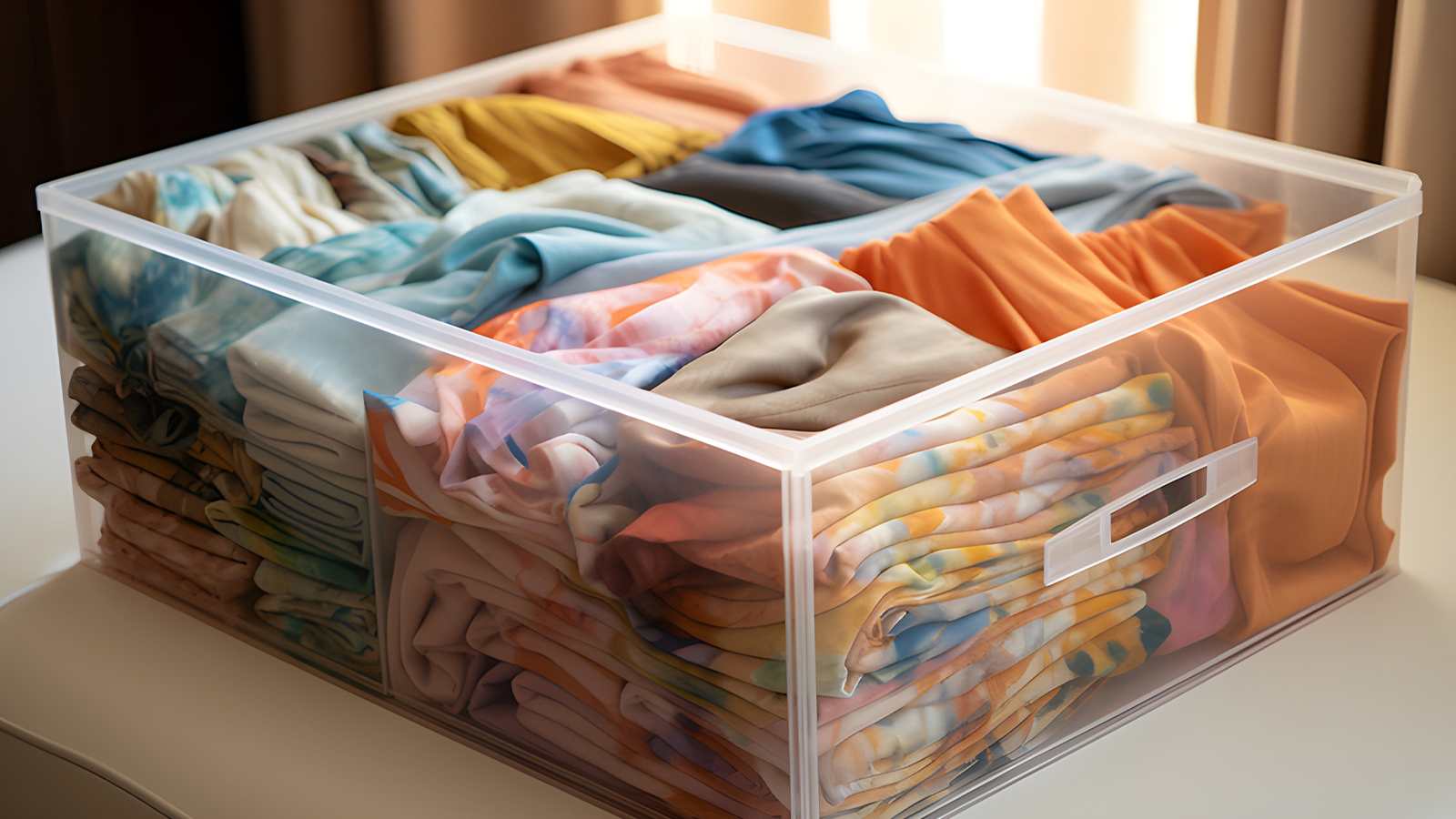 A clear storage box filled with a variety of fabrics.