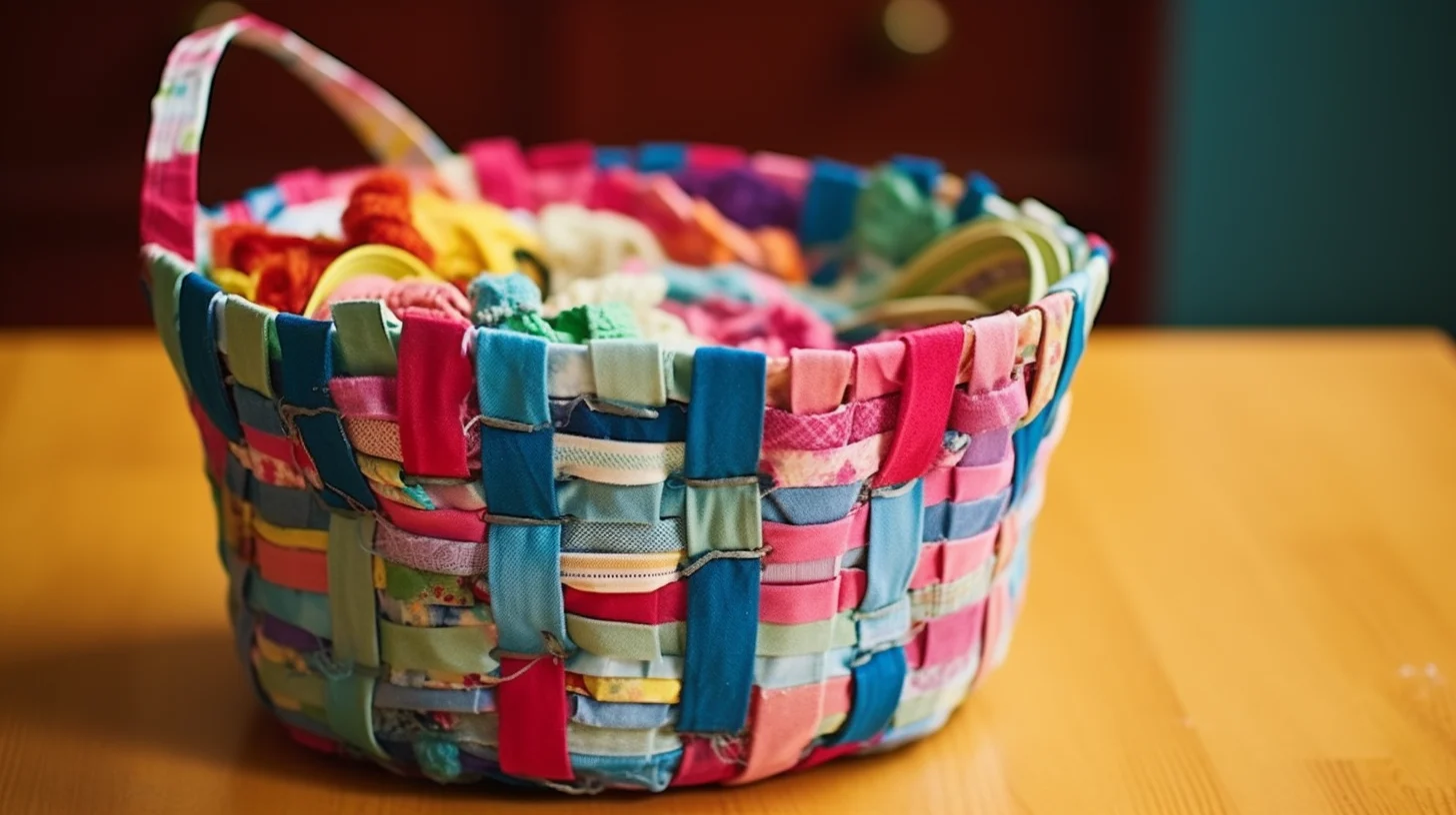 An Easy DIY Fabric Scrap Project with a basket full of colorful fabric on top of a wooden table.