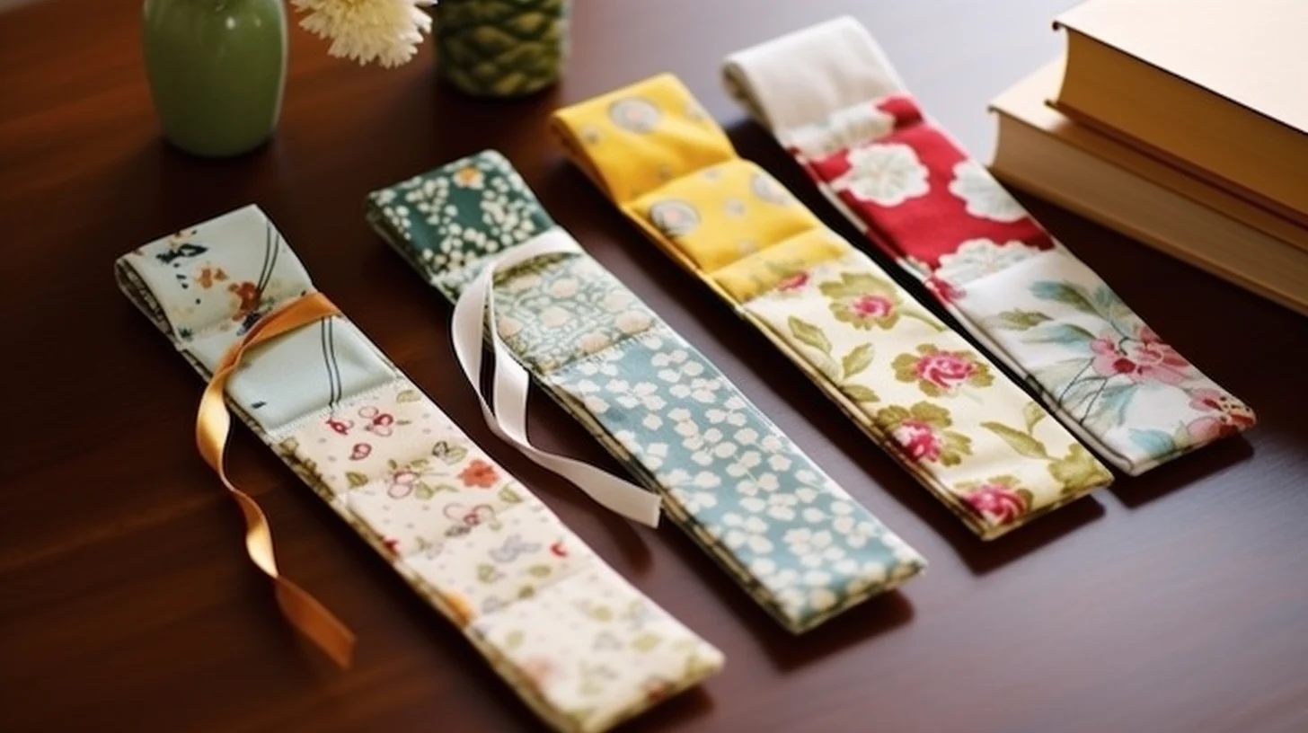 A set of bookmarks made from fabric scraps, placed on a table next to a vase of flowers.
