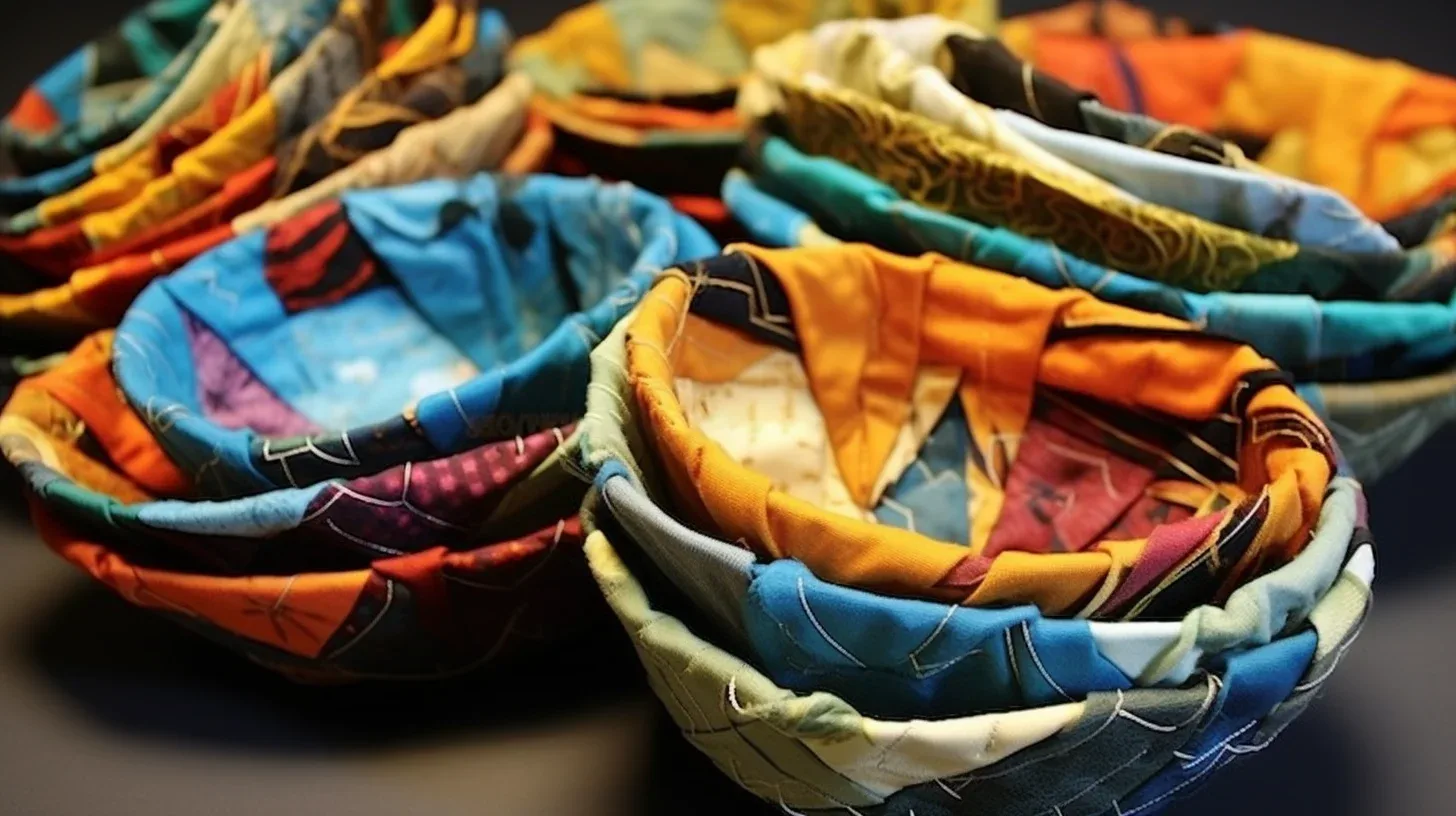 Easy DIY fabric scrap projects showcasing a group of colorful bowls arranged on a table.