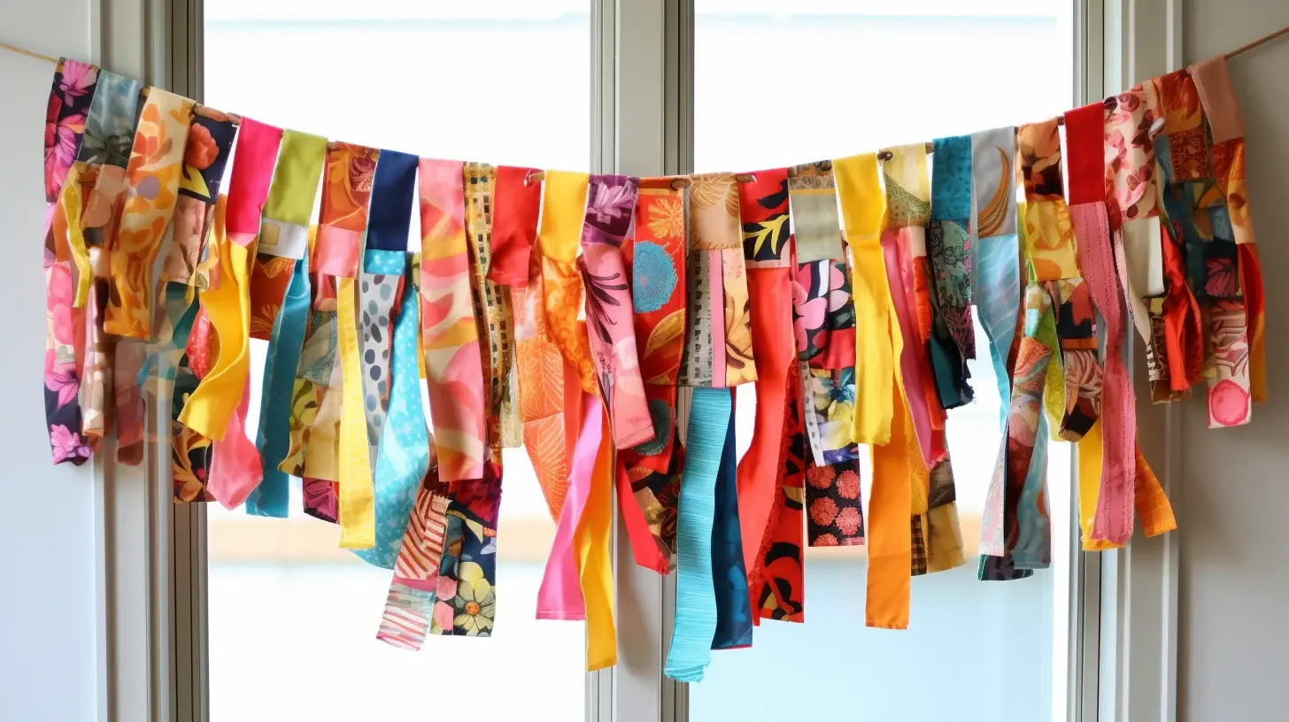 An easy DIY fabric garland, made from colorful fabric scraps, hanging from a window.