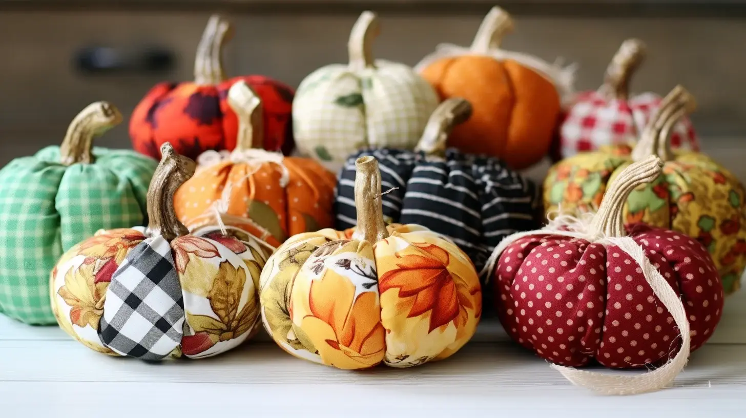 Easy DIY fabric pumpkins are lined up on a table.