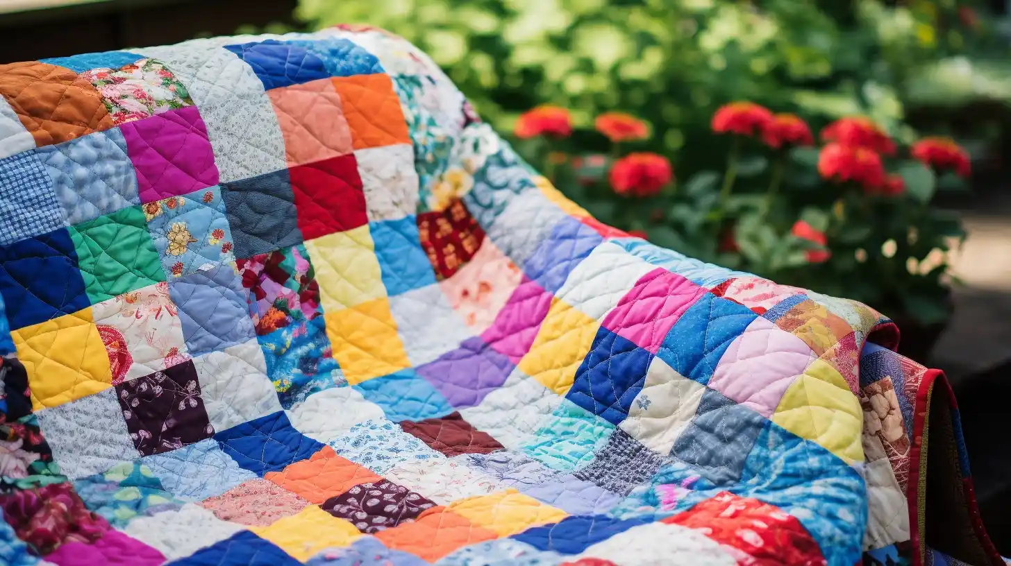 An easy DIY colorful quilt sitting on a chair in a garden, made from fabric scrap projects.