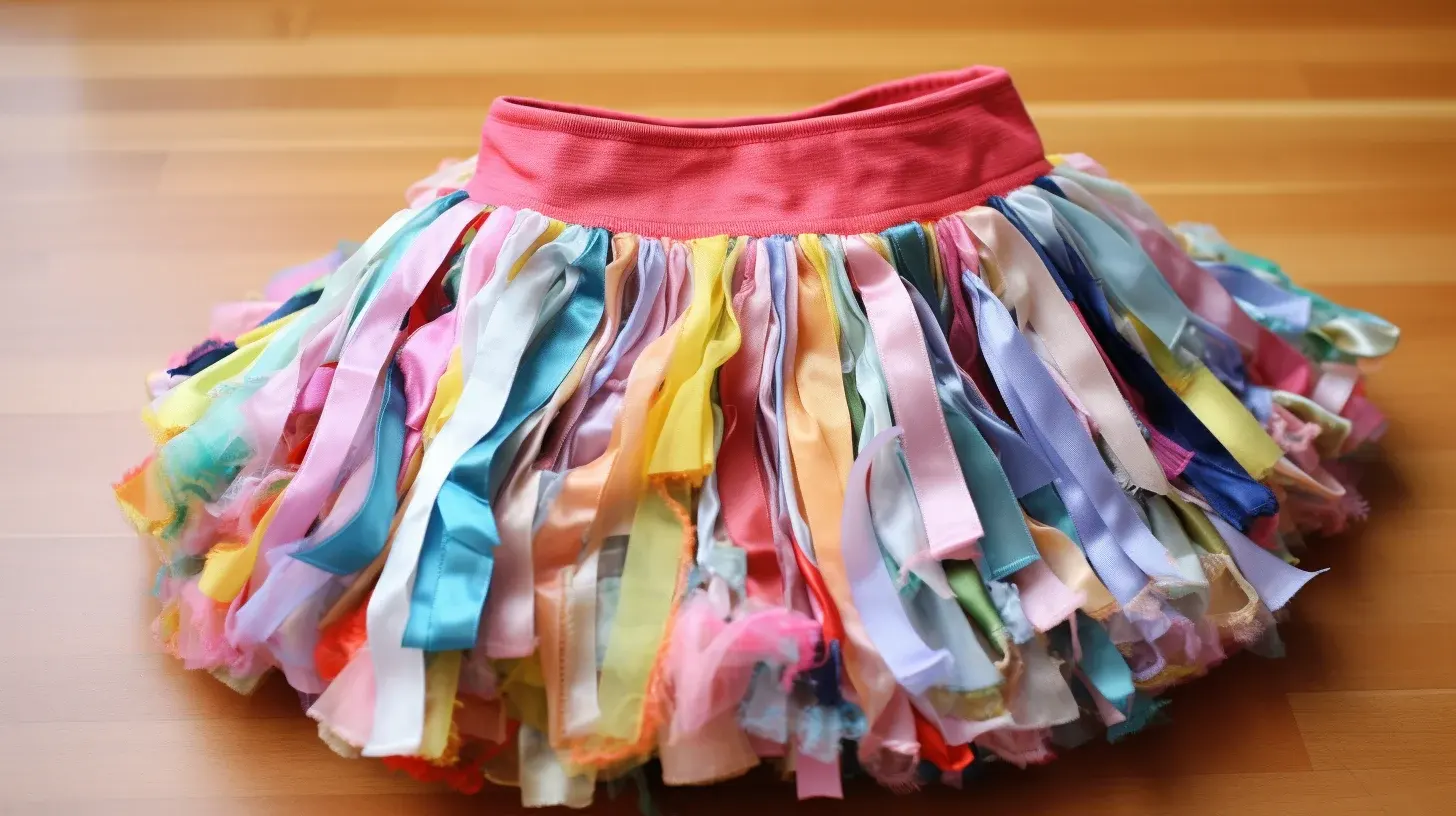 An easy DIY tassel skirt made from colorful fabric scraps beautifully displayed on a wooden floor.