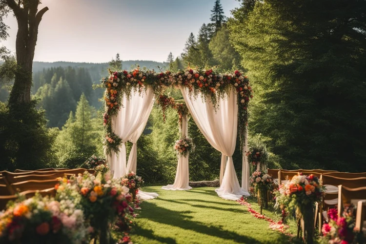 A floral weddingg arch, embellished with many colorful flowers in a garden.