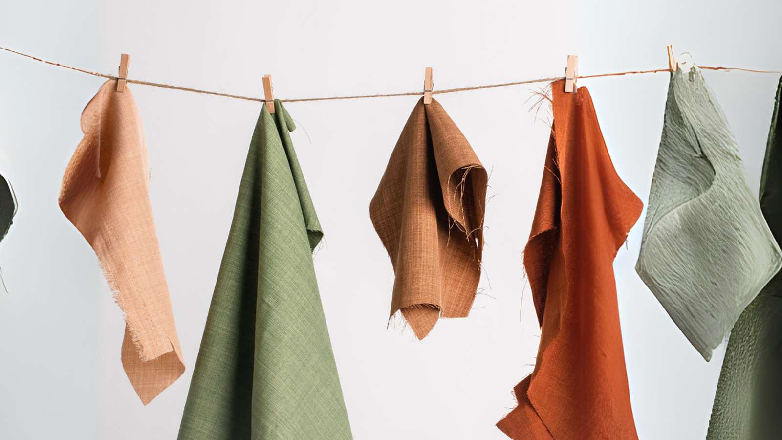 A group of fabrics hanging on a clothes line.