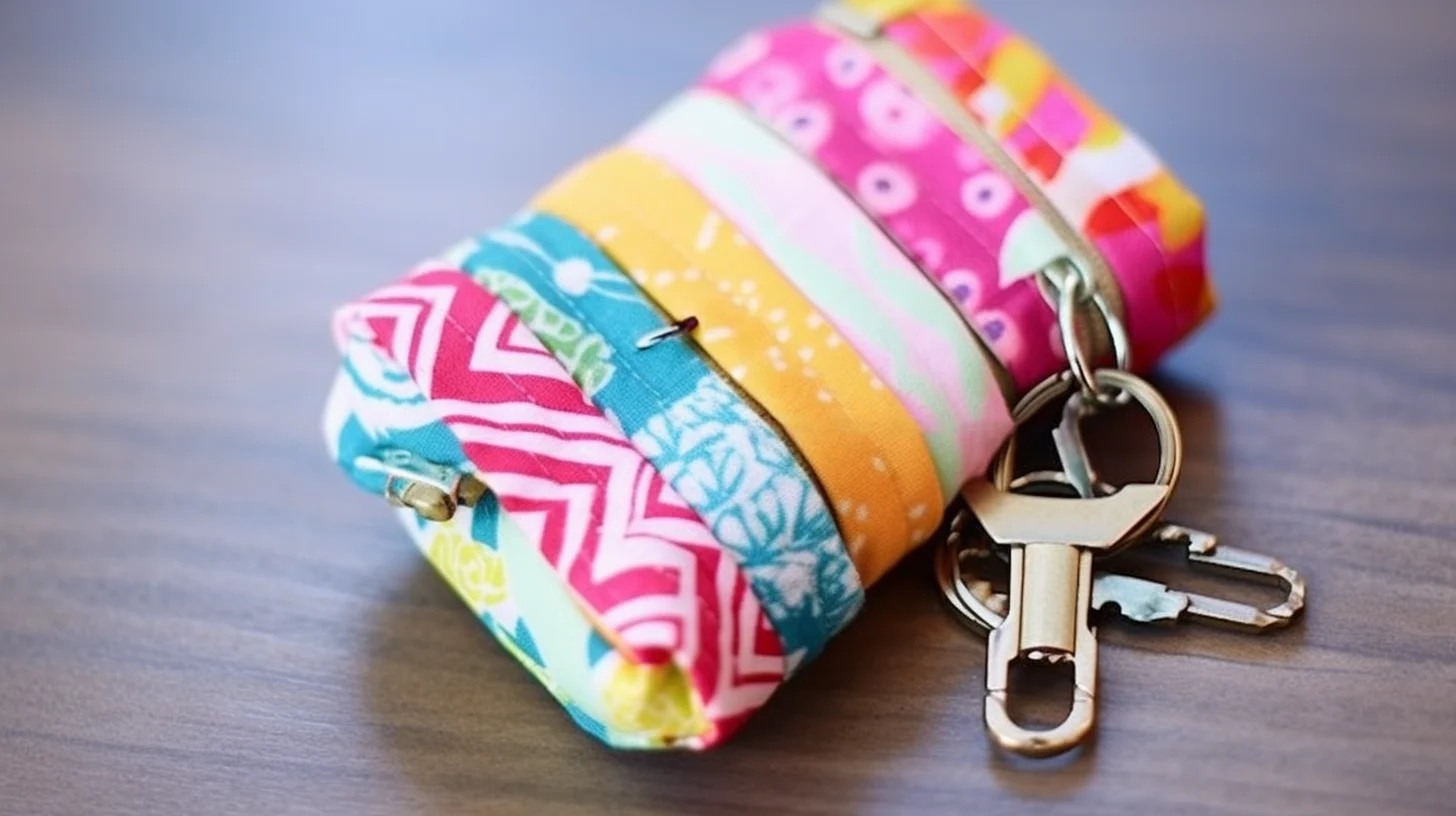 An easy DIY fabric key ring project using colorful fabric scraps on a wooden table.