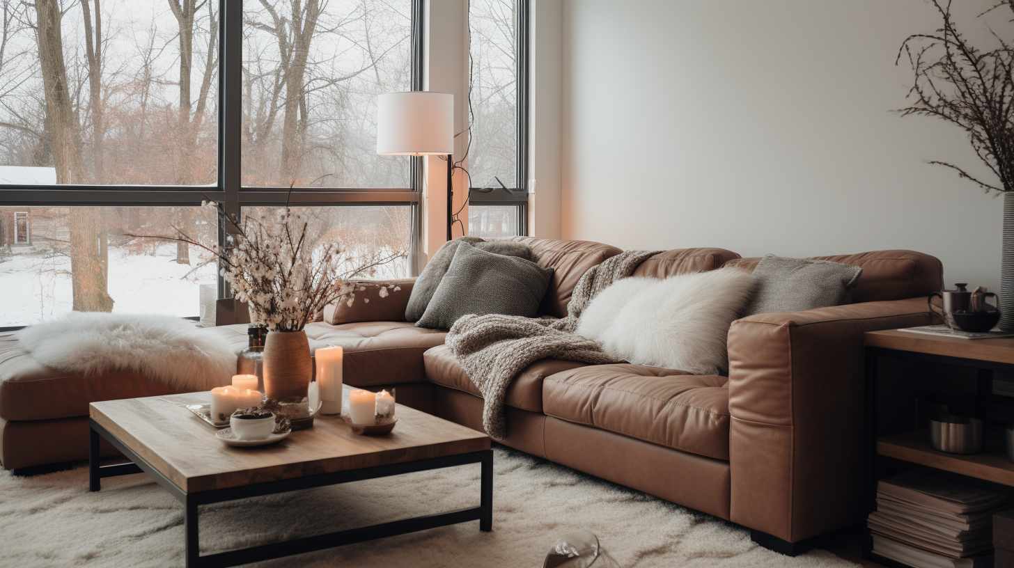 A living room with a brown leather couch, perfect for dogs to lounge on.