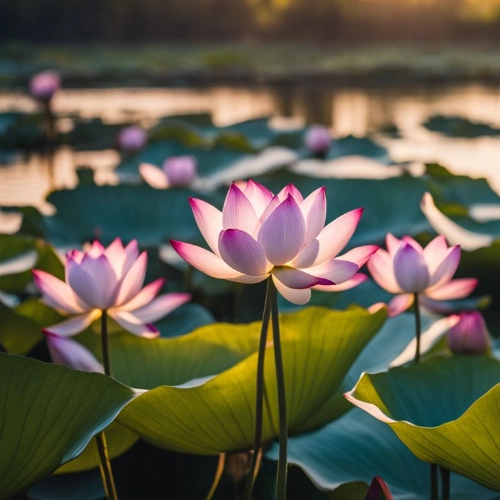Lotus flowers blooming in a pond at sunset, raw materials for lotus silk.