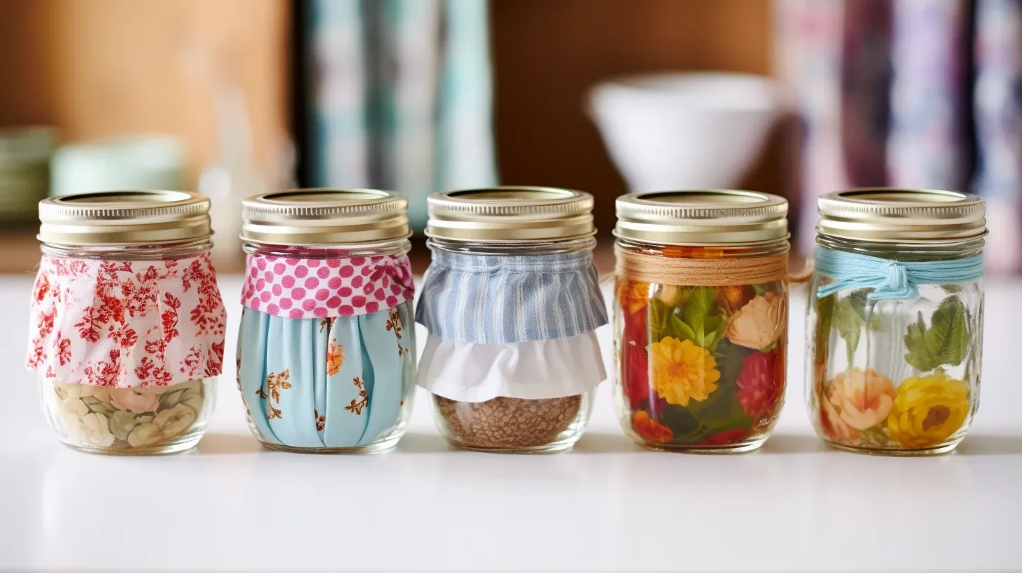 Five mason jars lined up on a table, ready for easy DIY fabric scrap projects.