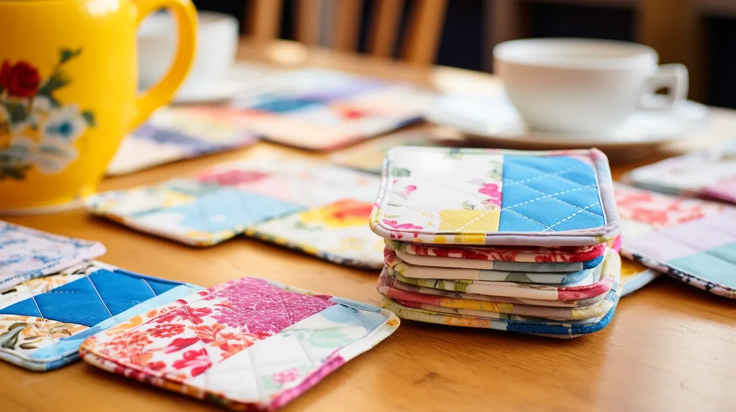 Easy DIY quilted coasters made from fabric scraps placed on a wooden table.