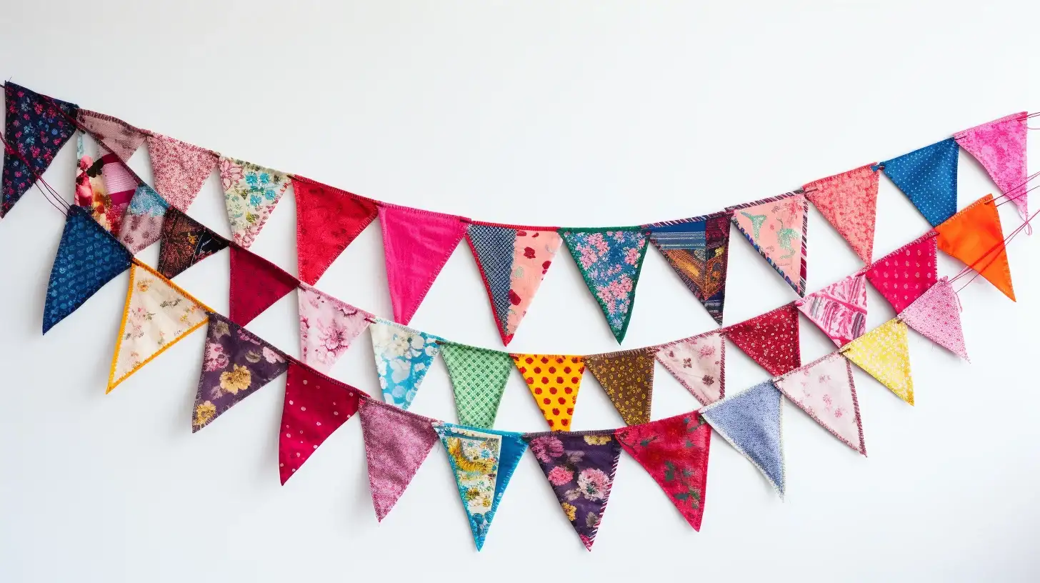 A group of colorful buntings, an easy DIY fabric scrap project, hanging on a wall.