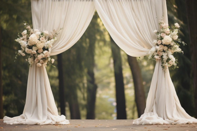 A white wedding arch with long fabrics and flowers.