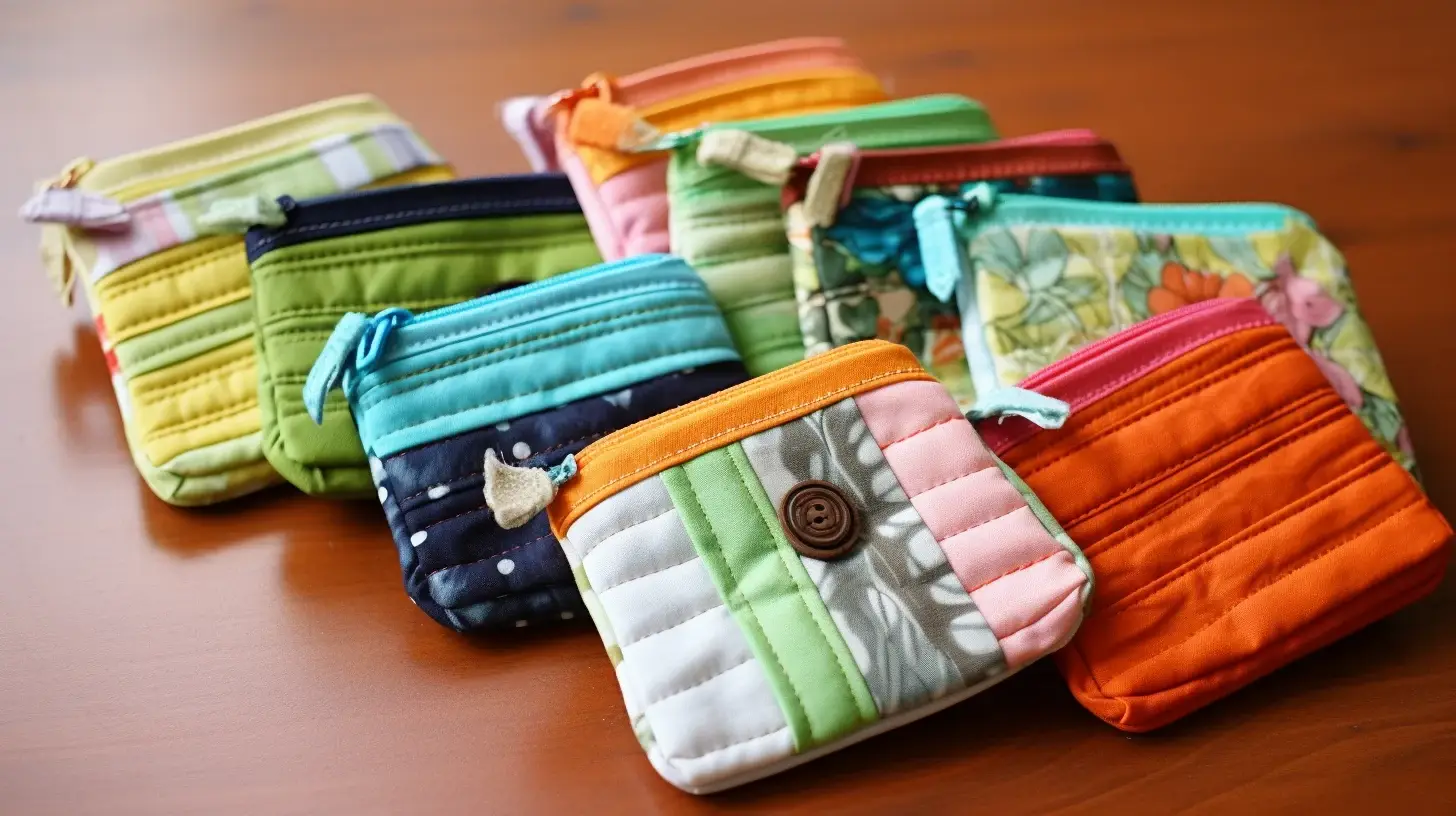 A group of colorful zippered pouches on a wooden table, perfect for easy DIY fabric scrap projects.