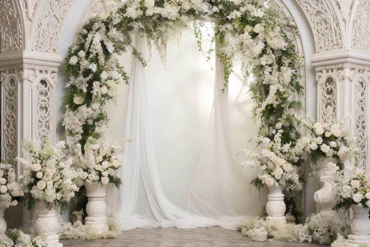 A modern wedding arch with white flowers and greenery.