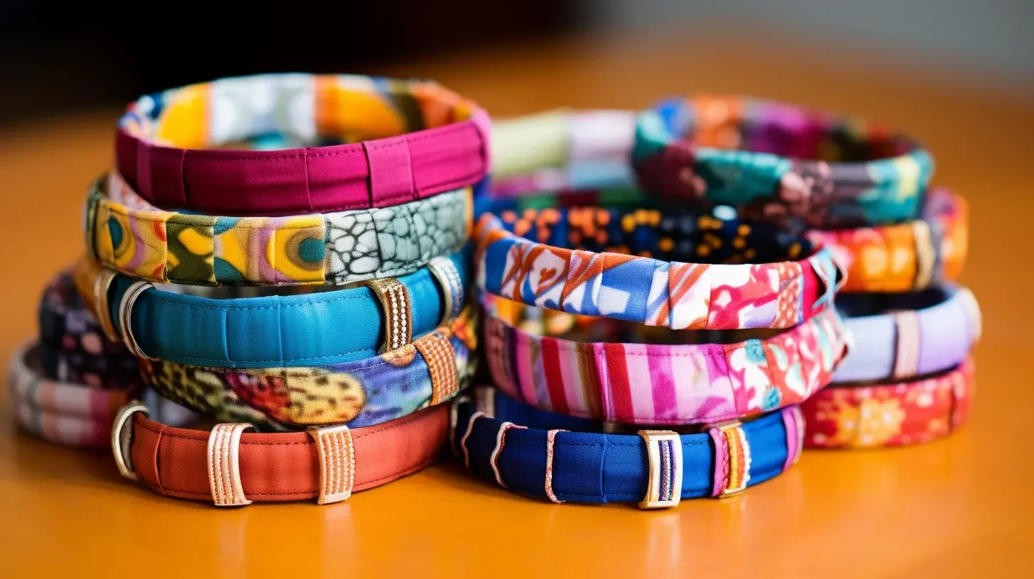 An easy DIY stack of colorful fabric scrap bracelets on a table.