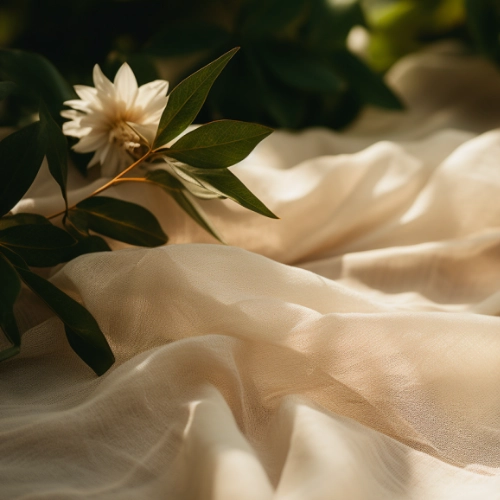 A close up of a white ramie fabric, similar to silk.