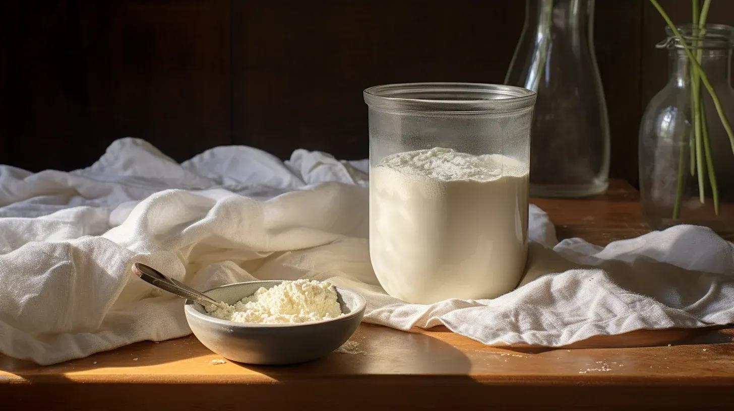 A jar of Rice Starch and a spoon on a wooden table.
