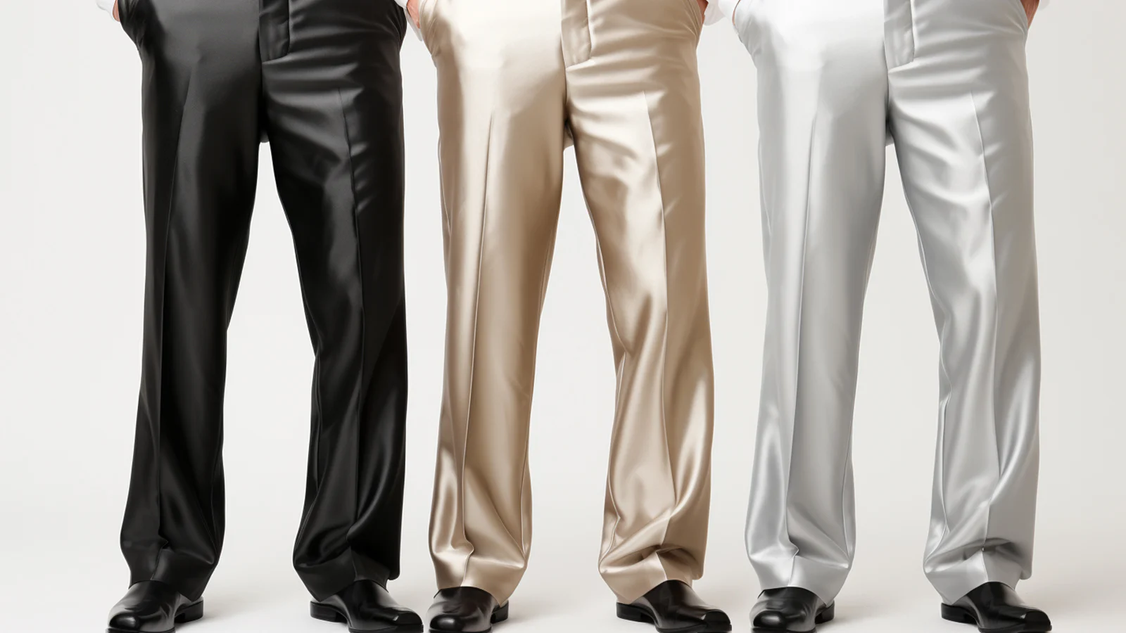 Men's satin Pants in black, silver and gold.