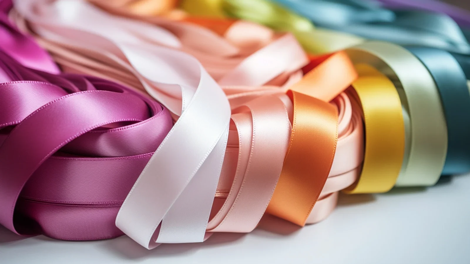 A bunch of colorful Satin ribbons on a white background.