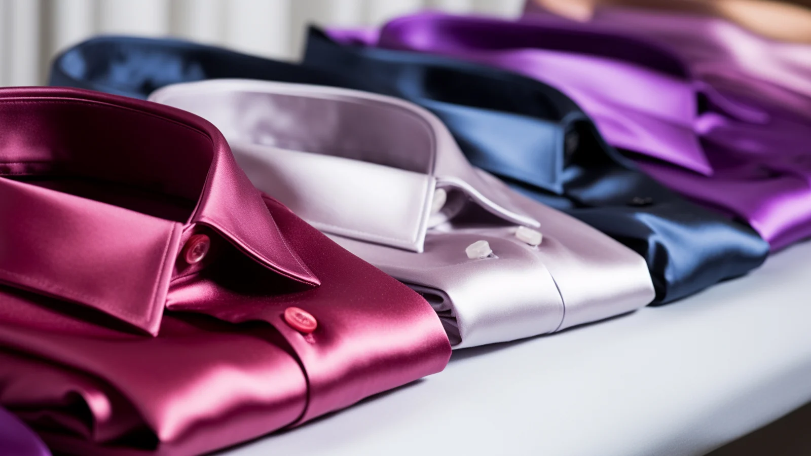 A row of different colored Satin shirts on a table.