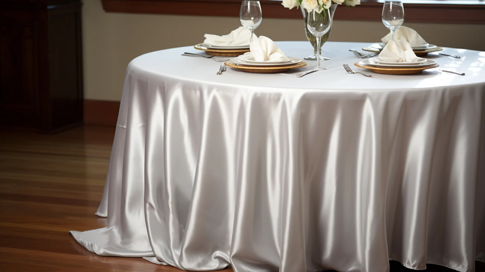 A round table with a silver Satin tablecloth.