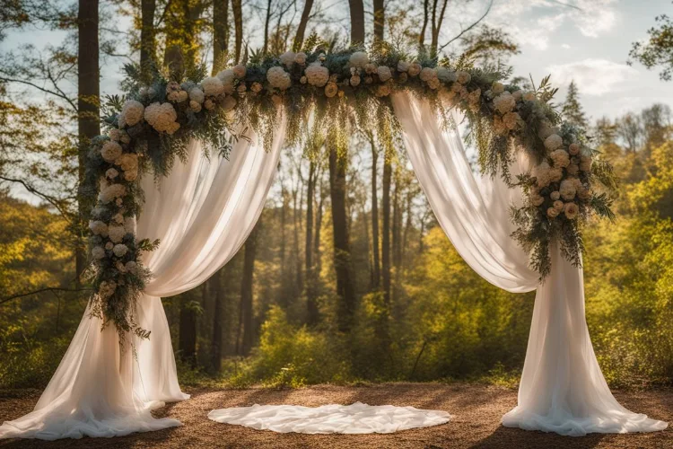 A wedding arch with many flowers, greenery and white chiffon fabric.