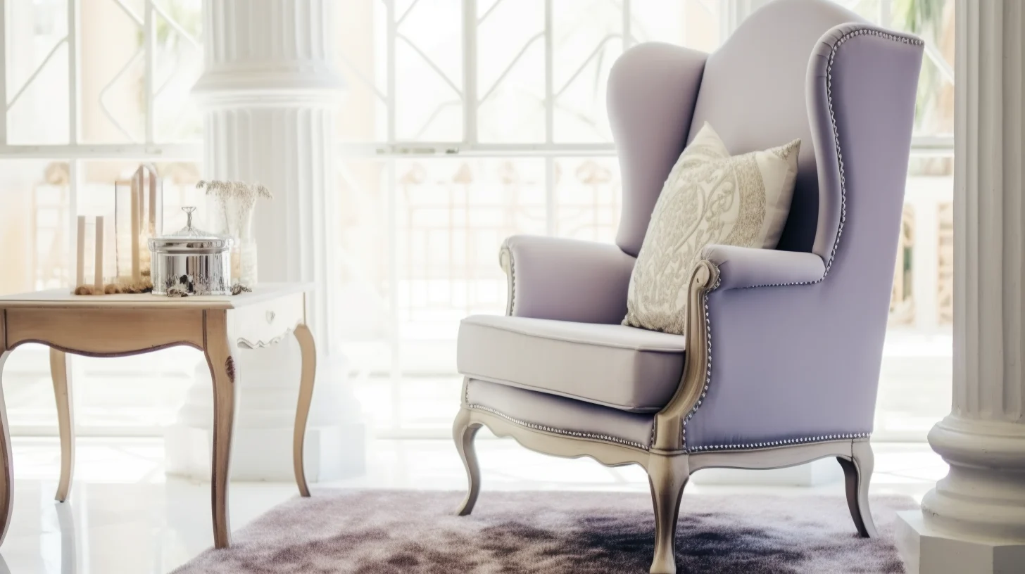 A purple wingback chair in a living room, perfect for learning how to paint upholstery fabric.