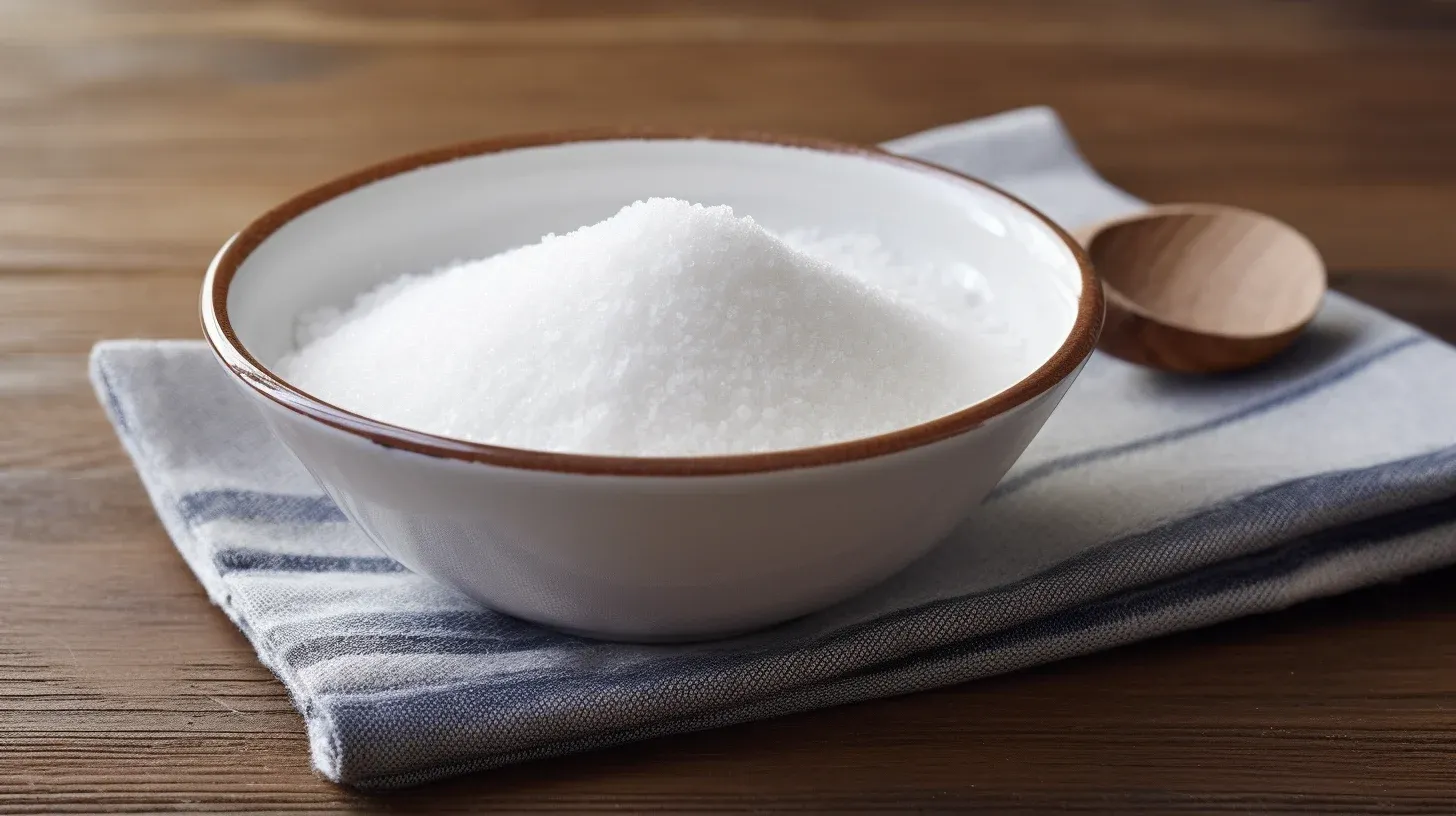 Sugar in a bowl on a wooden table.