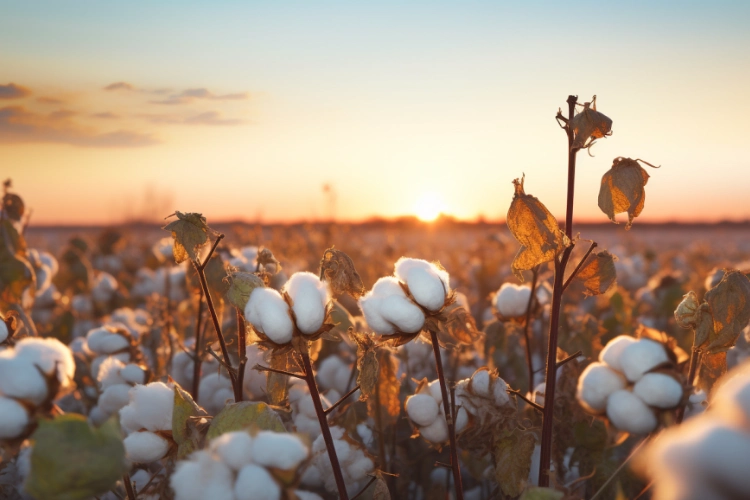 A close-up shot of a cotton field at sunset, with rows of fluffy white cotton plants stretching as far as the eye can see.