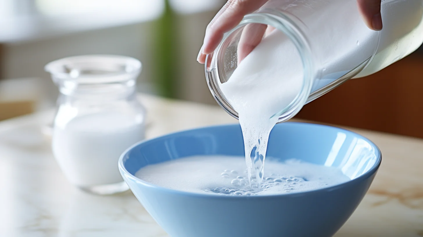 A person pouring milk into a blue bowl.