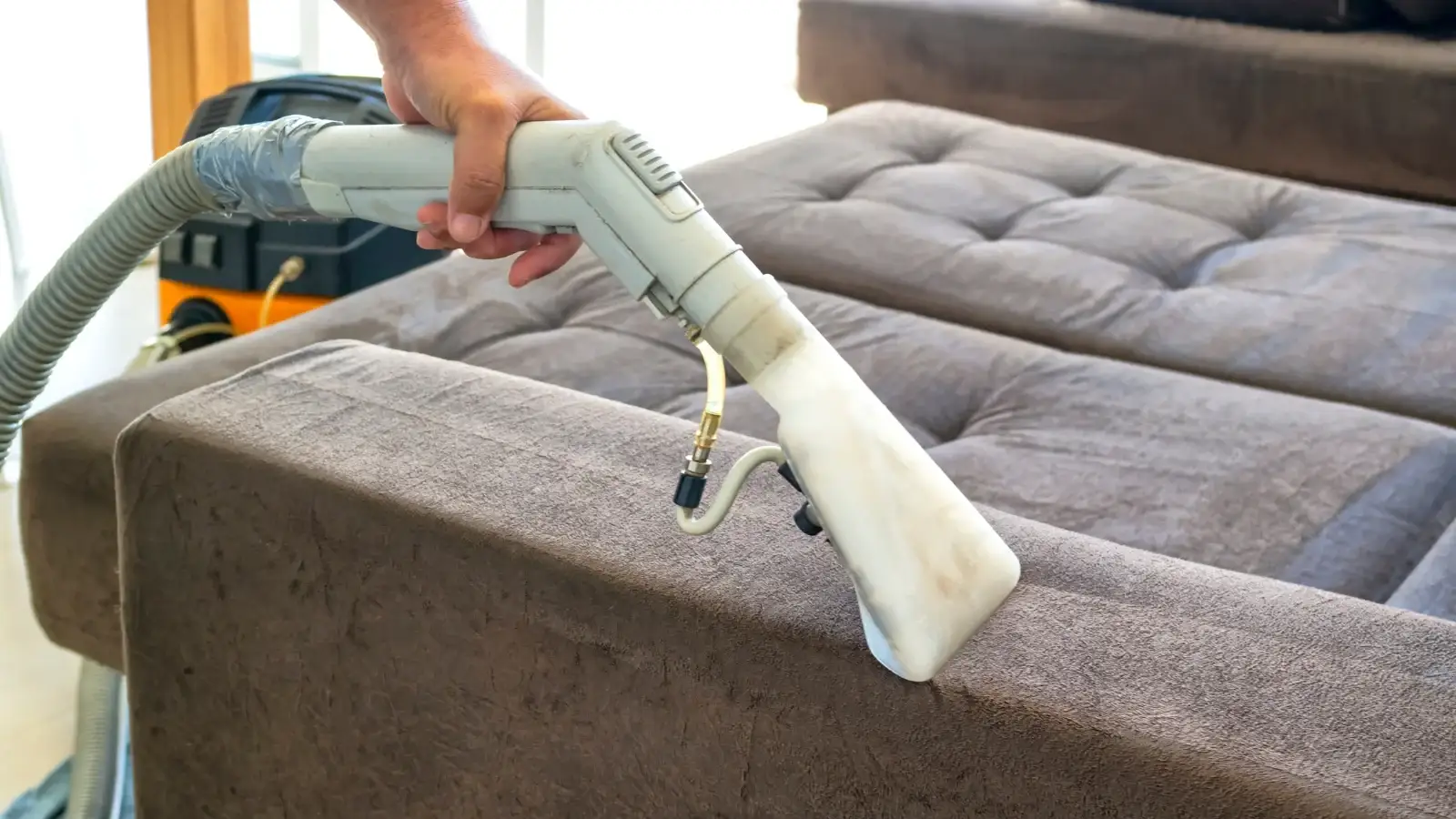 A person cleaning a couch with a vacuum cleaner.