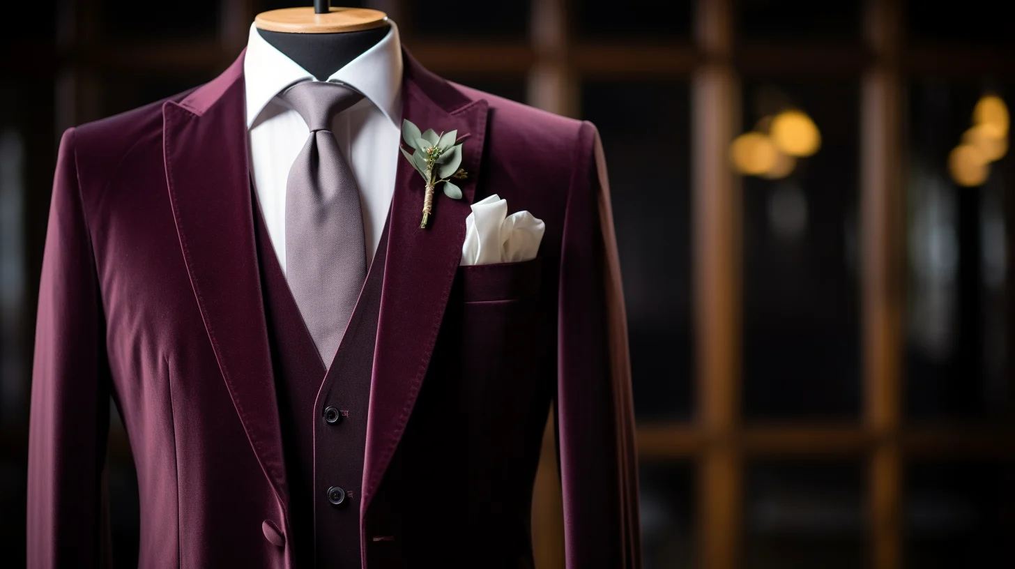 A burgundy Velvet suit on a mannequin.