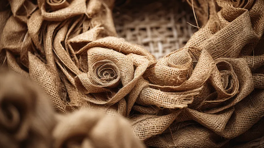 A close up of a burlap wreath, showcasing the use of fabrics for wreaths.