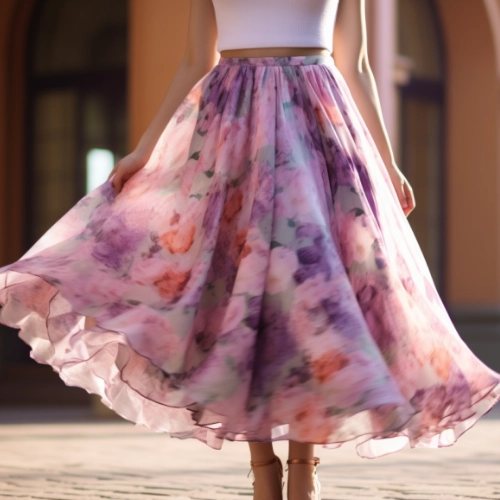 A woman wearing a floral A-line skirt made from exquisite fabrics