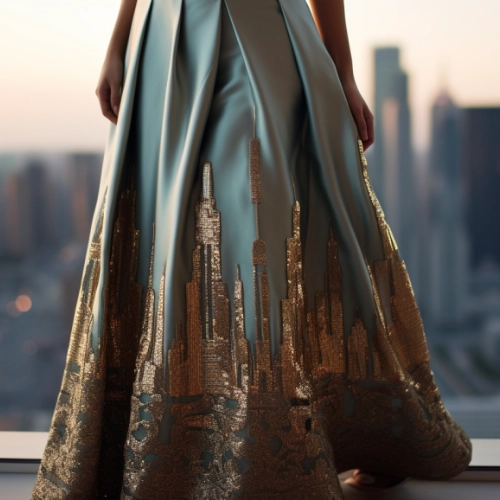 A woman in a blue and gold maxi skirt standing in front of a window