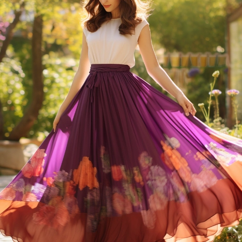 A woman wearing a vibrant purple and white circle skirt made from luxurious fabrics
