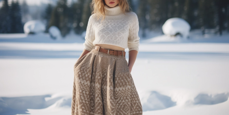 A woman in a beige sweater and long skirt made with luxurious fabrics standing in the snow