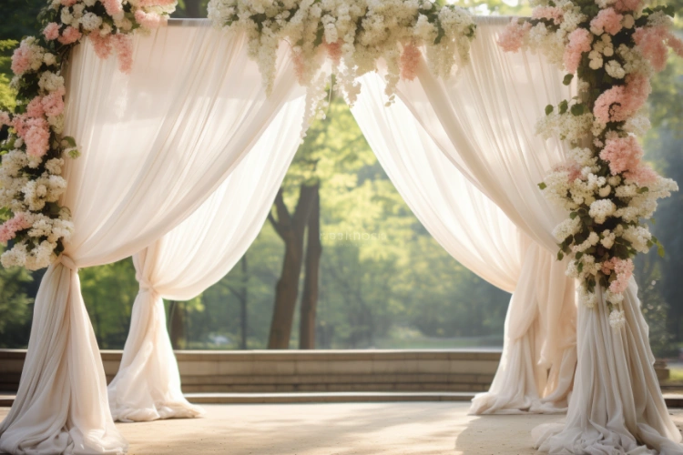 Choose the suitable fabric to make a gorgeous beige wedding arch with pink and white flowers.