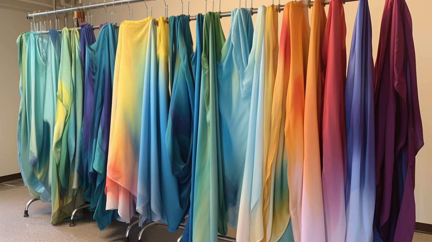 A group of colorful sarongs hanging on a rack in a room.
