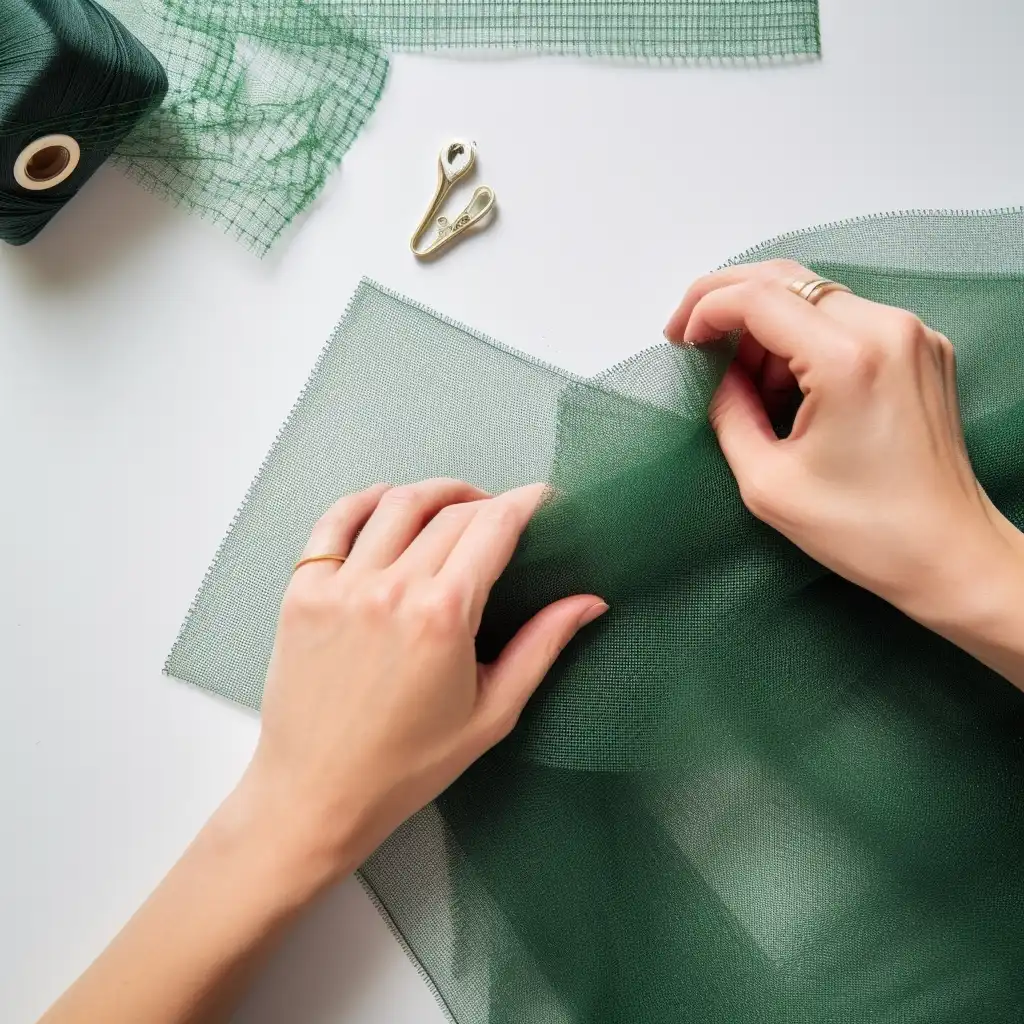 A woman is sewing a green mesh fabric by hand.