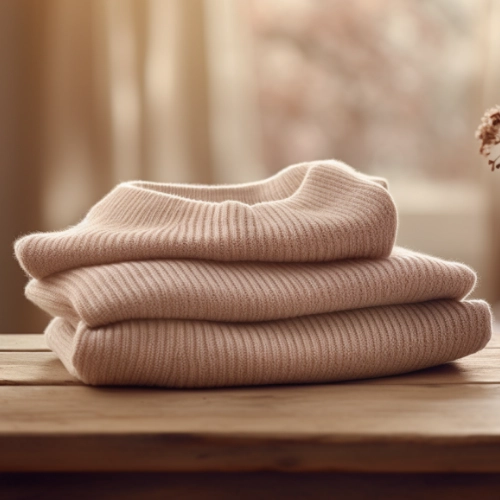A close up of three pink cashmere sweaters, not shrinking.